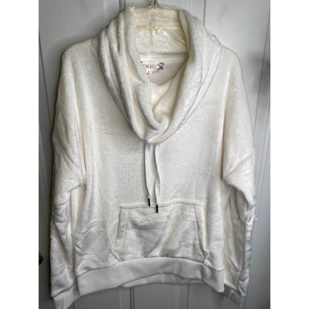 Pink Rose Cowl Neck Faux Fur Hoodie Ivory Size Medium NWTS